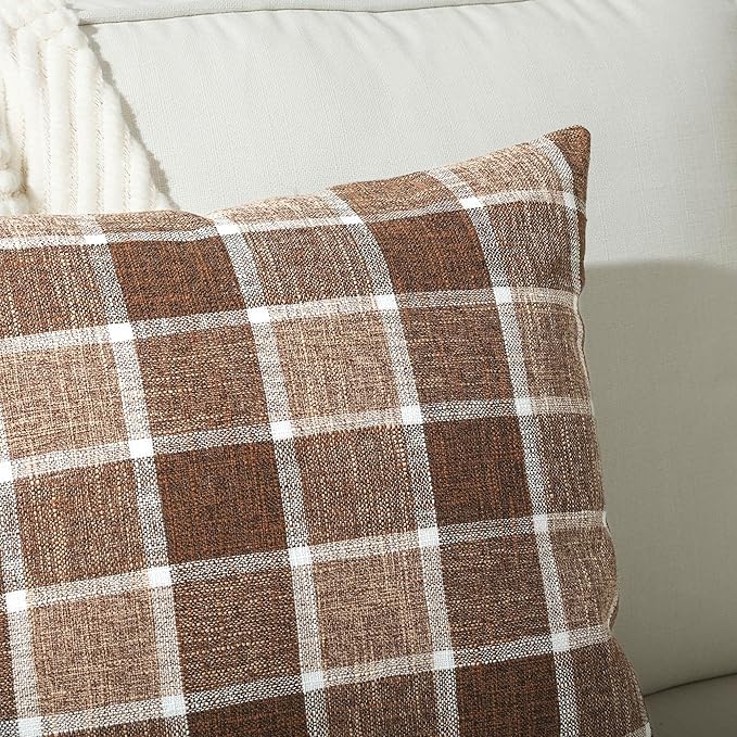 Stellhome Pack of 2 Fall Linen Buffalo Check Decorative Throw Pillow Covers, Farmhouse Plaid Cushion Covers Rustic Retro Decor for Couch Sofa Living Room, 20x20 Inch, Blue and Orange