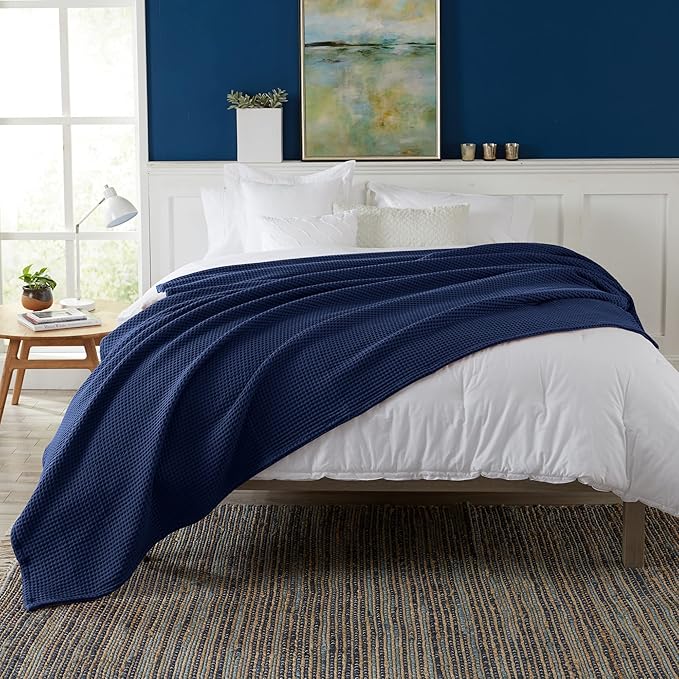 100% Cotton Waffle Weave Bed Blanket | Soft, Breathable, and Lightweight Blanket for All-Season | Perfect for Layering | Brielle Collection (Full/Queen, Navy)