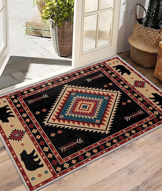 Southwest Rug 4x5 - Native American Bear Cabin Area Rugs for Bedroom Living Room, Rustic Western Machine Washable | Non-Slip | Soft Carpets, Western Room Decor (Red Tan Black)