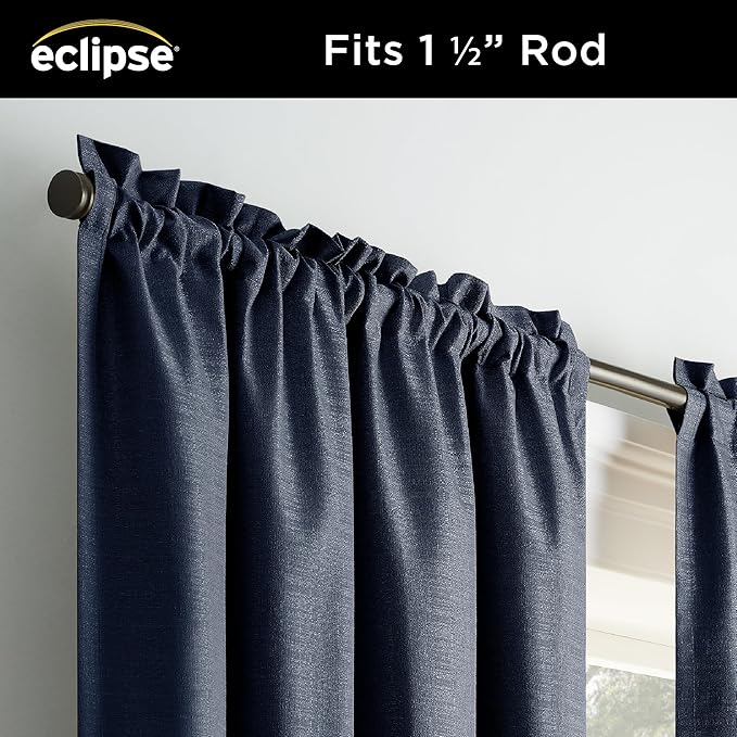 Eclipse Kendall Textured Blackout Thermal Rod Pocket Window Curtain, Insulating & Noise Reducing Curtains for Bedroom or Living Room (1 Panel), 63 in Long x 42 in Wide, Indigo