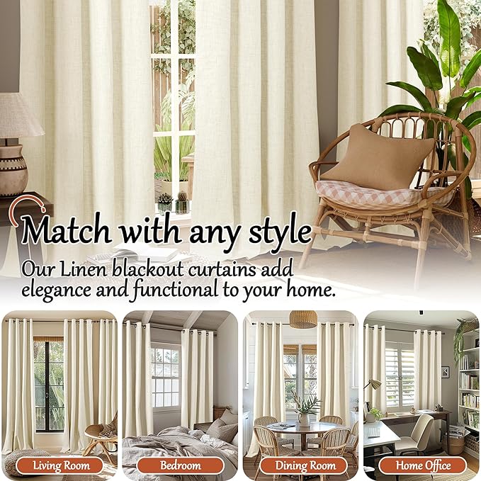 Lajode Cream 100% Blackout Curtains for Living Room 84 Inch Length 2 Panels Set, Thermal Insulated Light Blocking Faux Linen Curtains for Bedroom, Bronze Grommet Boho Window Drape Each 52" Wide