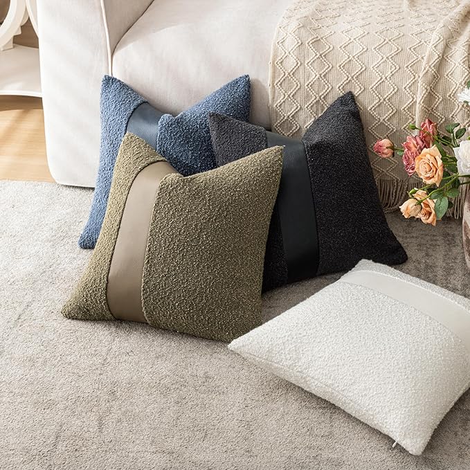 20"x20" Denim Blue Boucle Throw Pillow Covers with Faux Leather Accents Set of 2 Fluffy Textured Decorative Pillow Cases for Couch Bed Boho Farmhouse Square Cushion Covers for Nordic Home