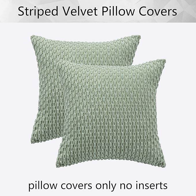 Kevin Textile Pack of 2 Spring Corduroy Decorative Throw Pillow Covers 22x22 Inch Soft Boho Striped Pillow Covers Modern Farmhouse Home Decor for Sofa Living Room Couch Bed Sage Green