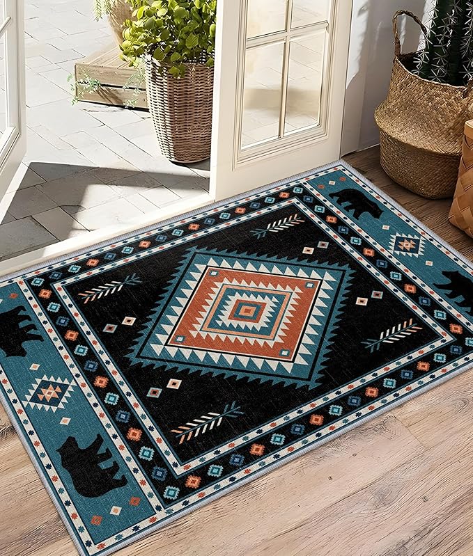 Native Amrican Rug 2x3 - Southwestern Bear Cabin Area Rugs for Entryway, Rustic Geometric Machine Washable | Non-Slip | Low Pile Small Carpets, Southwest Home Decor (Teal Orange Black)