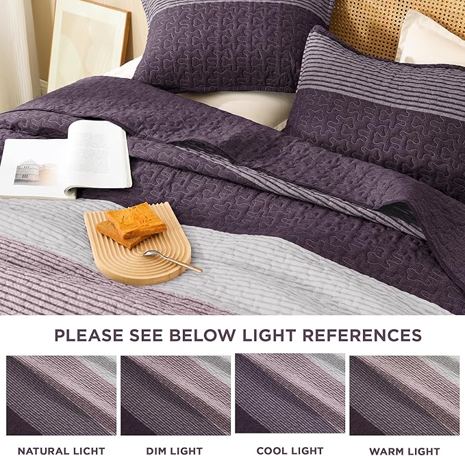 Litanika Quilt Queen Size Purple and Grey, Stripe Patchwork Summer Bedspread Coverlet 3 Pieces, Soft Lightweight Microfiber Quilted Bedding Set for All Season(1 Quilt, 2 Pillowcases)