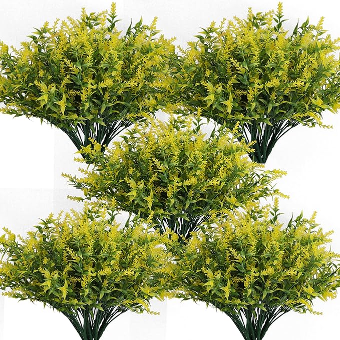 36 Bundles Artificial Plants Outdoor, Artificial Flowers for Outdoors Fake Flowers UV Resistant Flowers Lavender Outdoor Plants, Faux Flowers Shrubs for Porch Garden Window Box Home Decoration(Yellow)