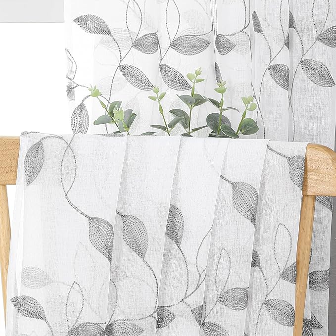 Tollpiz Grey Leaf Sheer Tier Curtain Leaves Embroidered Kitchen Curtains Rod Pocket Voile Bathroom Window Treatment for Cafe, 30 x 36 inches Long, Set of 2 Panels