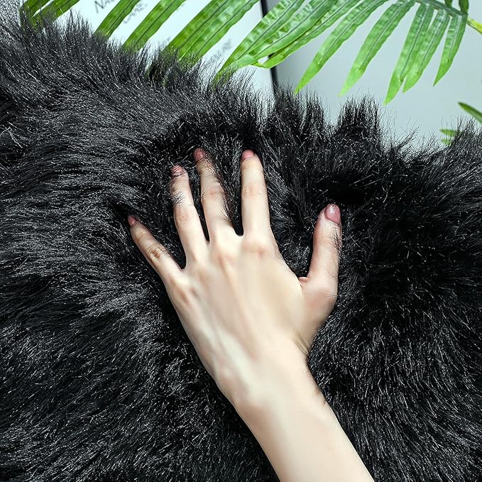 Faux Fur Rug Sheepskin Shag Fluffy Fuzzy Black 2x3 ft Small Rugs for Bedroom Bedside Bed Floor Living Room Plush High-Density Cushion Carpet Super Sofa Cover