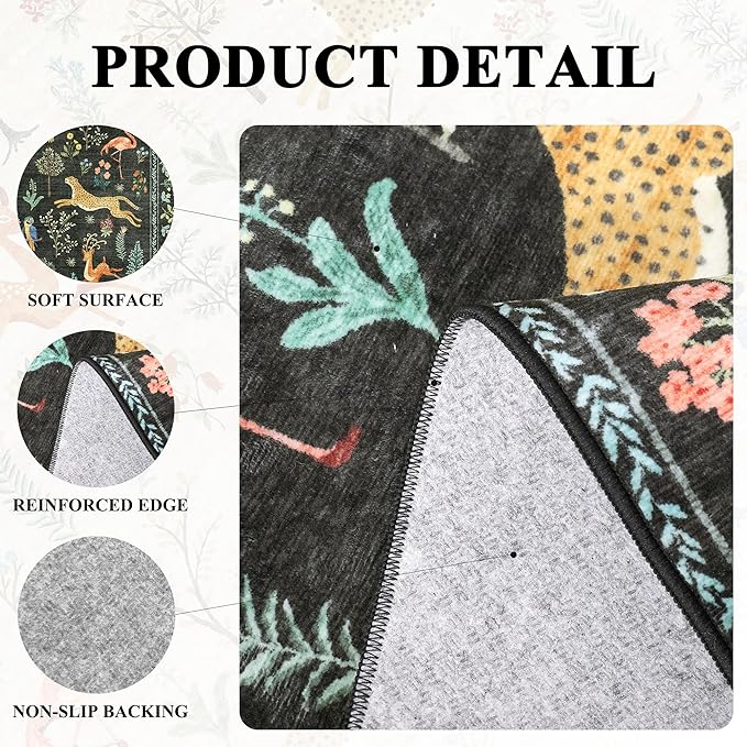 DUKINO 5x7 Rug, Washable Animal Living Room Rug with Non Slip Vintage Design, Soft Low Pile Large Carpet for Bedroom, Nursery, Dining Room, Farmhouse, Playroom, Black