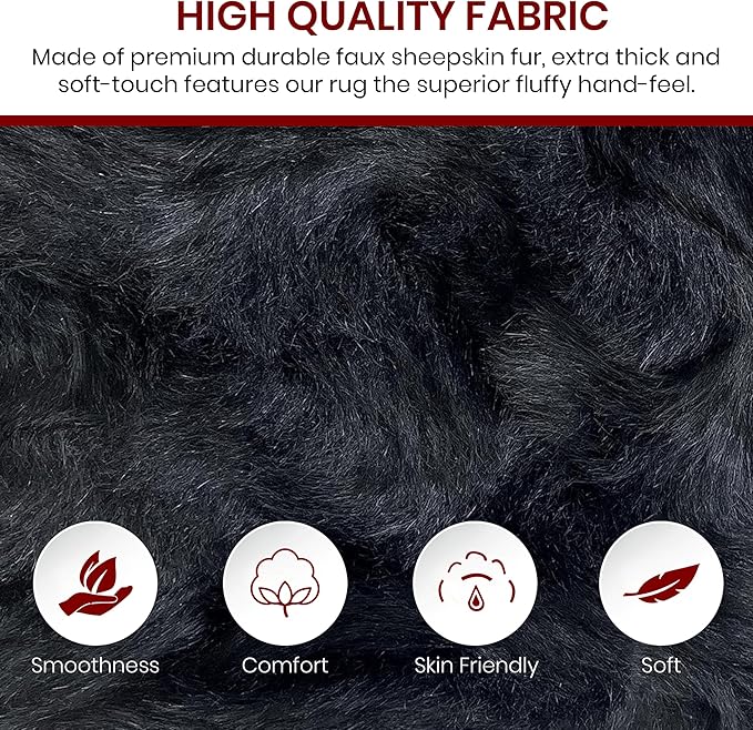 Free Shape Luxury Soft Fluffy Shag Area Rug Sexto 6 Pelts 6'x6',180x180 cm - Vegan Fur Ultra Soft Indoor Carpet Nursery Rugs for Bedroom Home Decor, Black