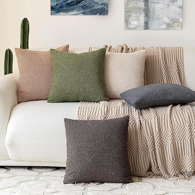 Foindtower Decorative Textured Boucle Throw Pillow Covers Accent Solid Pillow Cases Neutral Soft Cozy Couch Cushion Case for Chair Sofa Bedroom Living Room Home Decor 24 x 24 Inch,Green