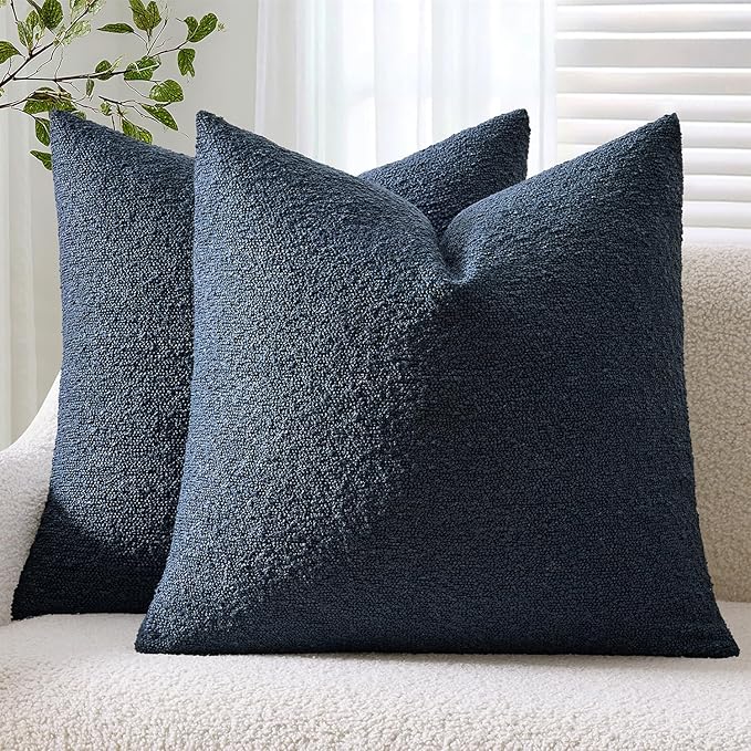 ANRODUO Pack of 2 Textured Boucle Throw Pillow Covers Soft Navy Blue Euro Decorative Accent Solid Pillow Cases Cozy Modern Couch Cushion Case for Bed Sofa Bedroom Living Room Home Decor, 24 x 24 Inch