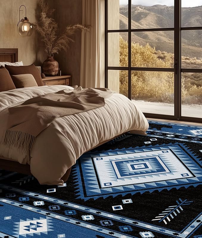 Aztec Rug 2x3 - Southwestern Bear Cabin Area Rugs for Entryway, Rustic Geometric Machine Washable | Non-Slip | Low Pile Small Carpets, Native American Home Decor (Blue White Black)