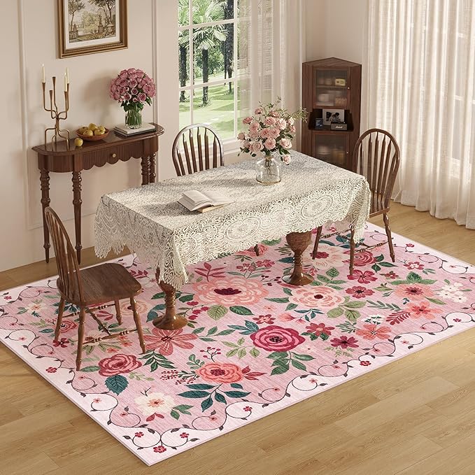 DUKINO 6x9 Area Rug, Floral Rugs for Living Room, Lightweight Non Slip Washable Rug, Indoor Low Pile & Non-Shedding Boho Design Rugs for Bedroom, Living Room, Dining Room, Pink