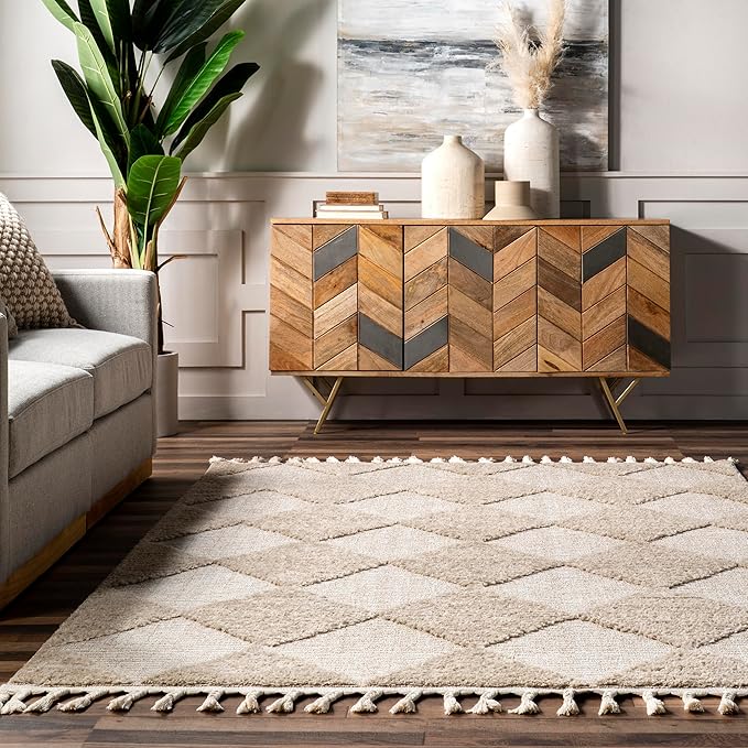 Nuloom Marissa Beige/Ivory, 2'6" x 6', Diamond, Tassel, Soft and Cozy, High Traffic, Stain Resistant, Easy Clean, Durable Runner for Bedroom, Living Room, Dining Space, Den, Foyer, Entryway