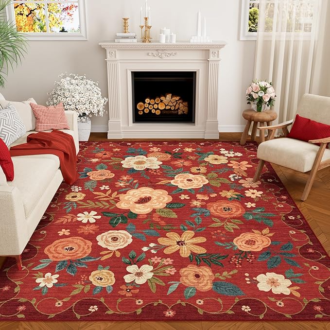DUKINO 5x7 Area Rug, Floral Rugs for Living Room, Lightweight Non Slip Washable Rug, Indoor Low Pile & Non-Shedding Boho Design Rugs for Bedroom, Living Room, Dining Room, Red