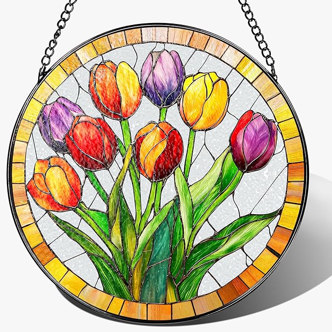 Stained Glass Window Hanging, 8 Inch Tulips Stained Glass Suncatcher, Botanical Lover Gift, Flowers Sun Catcher, Colorful Window Decor, Tulips Housewarming Gifts, Gifts for Mom Her