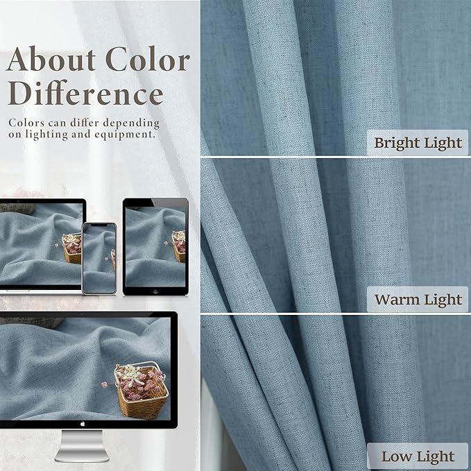 Pitalk Stone Blue Linen Blend Sheer Curtains Back Tab 52 Width by 90 Length Set of 2 Panels Rod Pocket Drapes for Living Room Family Sitting Room Sunroom Cottage Core Decor Blue Curtains for Boys Room