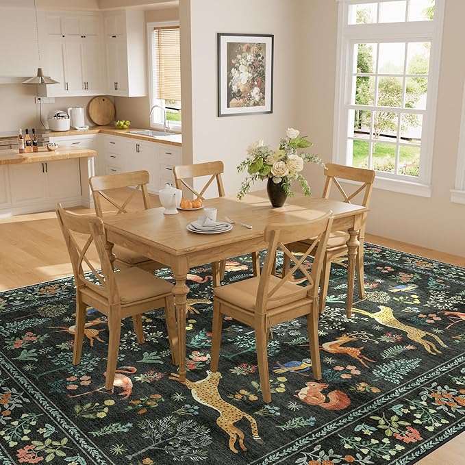 DUKINO 5x7 Rug, Washable Animal Living Room Rug with Non Slip Vintage Design, Soft Low Pile Large Carpet for Bedroom, Nursery, Dining Room, Farmhouse, Playroom, Black