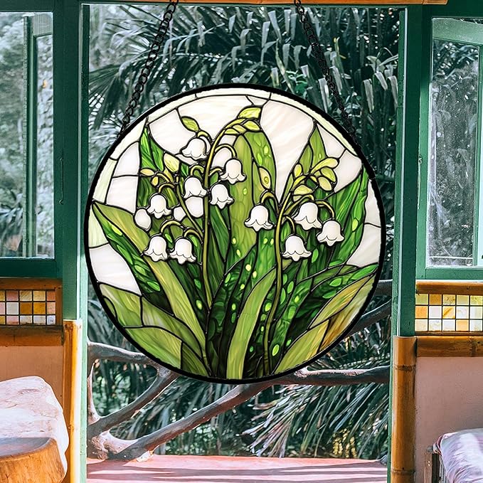 Stained Glass Window Hanging, Lily of The Valley Flower Sun Catchers Colorful Glass Panel Green Plants Suncatcher Decor for Birthday for Women,Men,Wife, Lovers, and Mom 14.9 in