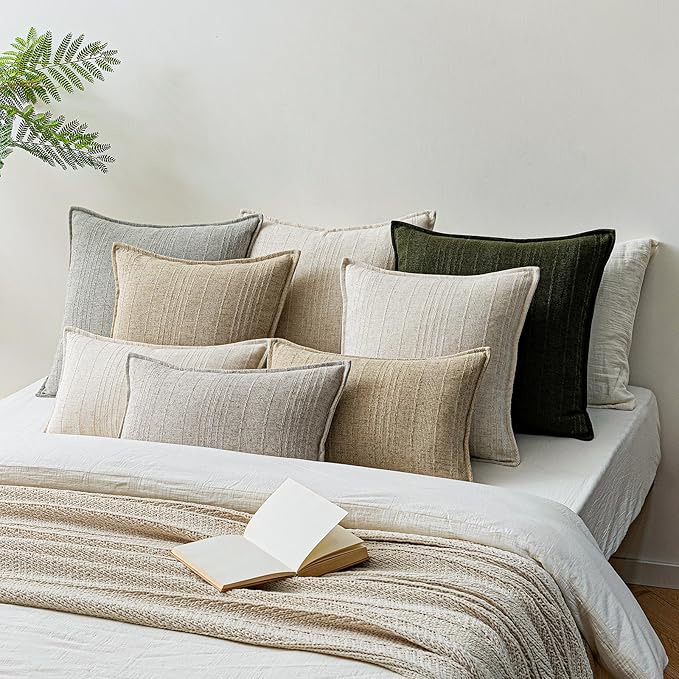 a moment Linen Pillow Covers Set of 2,Boho Farmhouse Throw Pillowcases Neutral Textured Decorative Covers for Couch Sofa,Linen Blend Accent Case Cushion Living Room Home Decor 20"x20"Dark Green