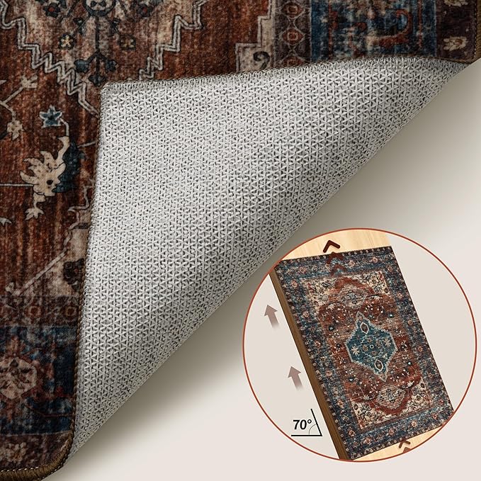 Tangsoo Oriental 2x6 Washable Runner Rug for Hallways, Non Slip Vintage Runner Rug, Soft Low Pile Long Rug Runner, Print Carpet Runners for Kitchen Bedroom Entryway Bathroom Living Room Rust