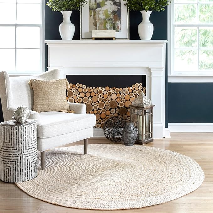 nuLOOM 6 Round Rigo Jute Hand Woven Area Rug, Off White, Solid Farmhouse Design, Natural Fiber, For Bedroom, Living Room, Dining Room, Hallway, Office, Kitchen, Entryway