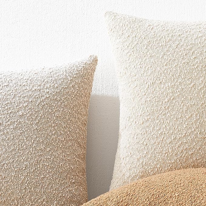 Mixhug Decorative Boucle Throw Pillow Covers, Beige, 20 x 20 Inches, Pack of 2 - Neutral Textured Boho Pillow Covers for Couch and Bed