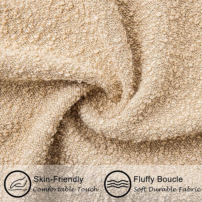 18"x18" Khaki Boucle Throw Pillow Covers with Faux Leather Accents Set of 2 Fluffy Textured Decorative Pillow Cases for Couch Bed Boho Farmhouse Square Cushion Covers for Nordic Home Décor