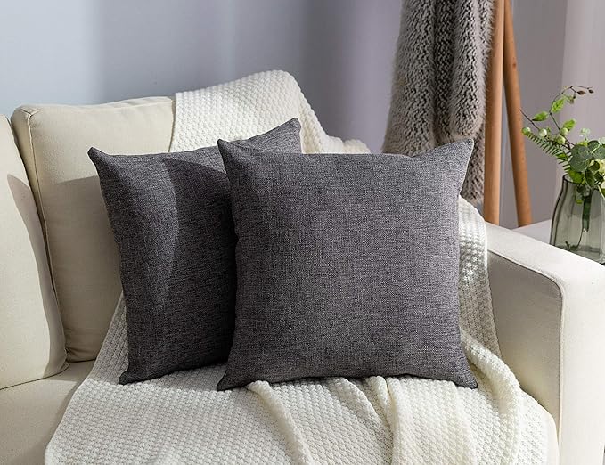 Stellhome Set of 2 Linen Throw Pillow Case Square Decorative Farmhouse Burlap Cushion Case for Bed Couch Sofa Bench, 20 x 20 inch (50 cm), Dark Grey