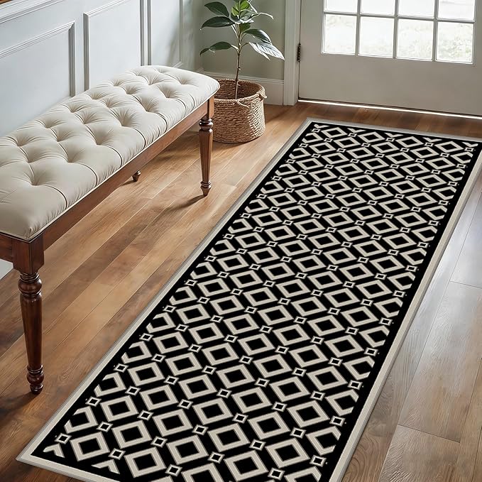 Moroccan Trellis Bedroom Area Carpets, 1.3x7ft, Modern Checkered Washable Hallway Runner Rugs, with Non Slip Backing Durable Cozy Low Pile Rug for Kitchen Bath Room Laundryroom