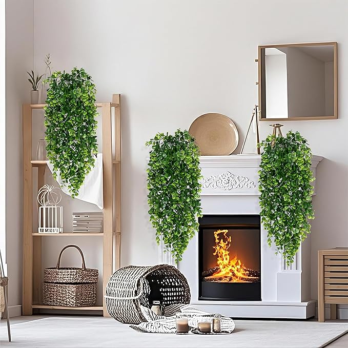 Waipfaru 4Pcs Fake Hanging Plants 2.7ft Fake Plants Eucalyptus Leaves UV Resistant Fake Vines Ivy Artificial Plants Outdoor Faux Plants Indoor Bedroom Living Room Boho Wall Porch Shelf Decor
