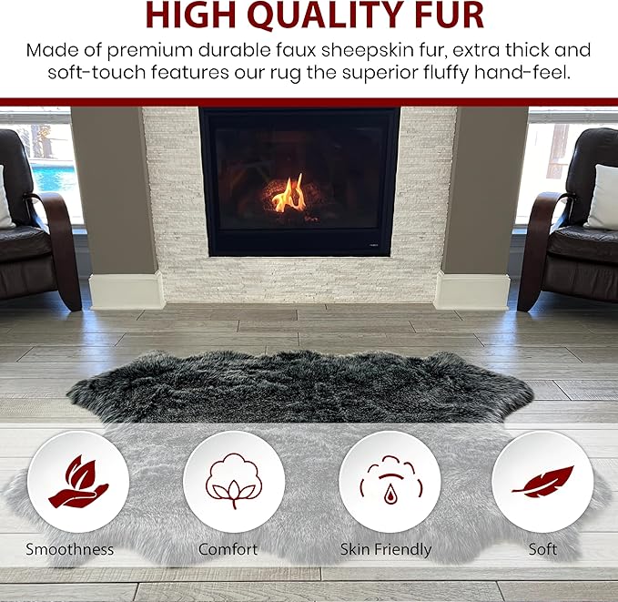 Free Shape Luxury Soft Fluffy Shag Area Rug Single 2'x3',60x90 cm - Vegan Fur Ultra Soft Indoor Carpet Nursery Rugs for Bedroom Home Decor, Black with White Tips