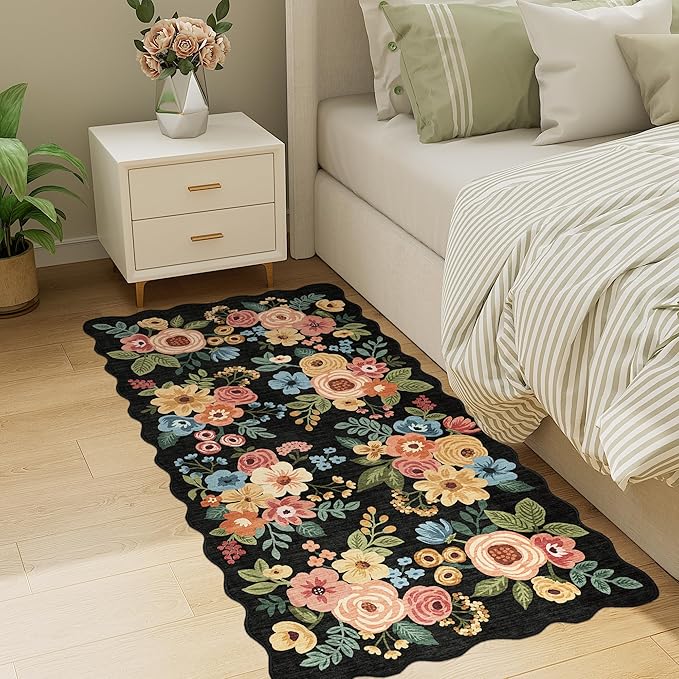 DUKINO 2x4 Washable Runner Rugs, Non Slip Floral Print Entryway Rug with Soft Low Pile, Lightweight Mat for Living Room, Bathroom, Bedroom, Kitchen, Black