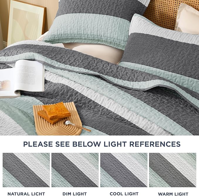 Litanika Quilt Queen Size Sage Green, Stripe Patchwork Summer Bedspread Coverlet 3 Pieces, Soft Lightweight Microfiber Quilted Bedding Set for All Season(1 Quilt, 2 Pillowcases)
