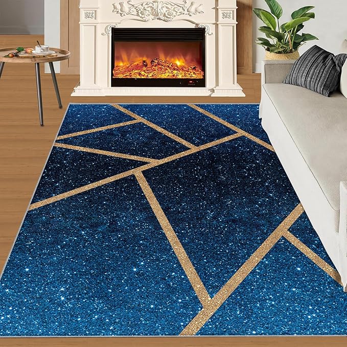Abstract Marble Rug Navy Blue Marble Area Rug Blue Starry Geometric Area Rugs Gold Lined Geometric Shapes Rugs Modern Minimalist Carpet for Living Room Bedroom 5x8ft