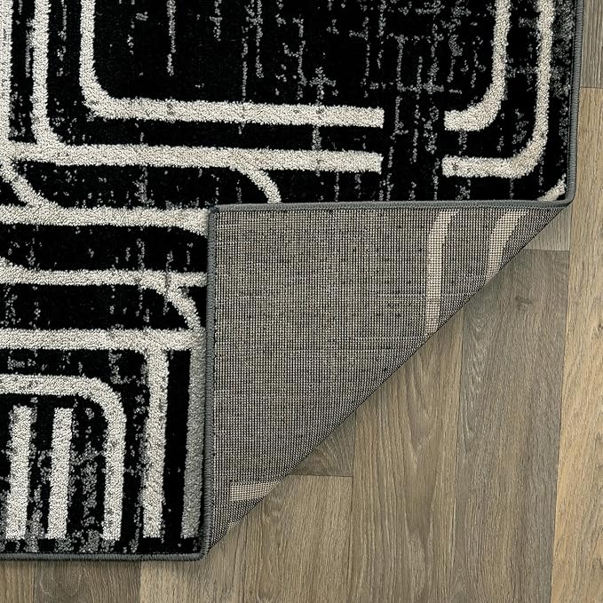 Rugshop Black and White Geometric Area Rug – Abstract Curved Line and Square Pattern Carpet for Living Room, Bedroom, or Office – Contemporary Soft Floor Décor 4' x 6' Black