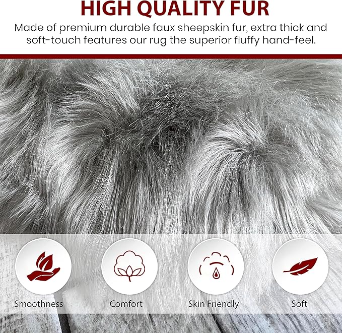 LAMBZY Faux Sheepskin Super Soft Hypoallergenic Silky Shag Rug for Living Room, Kids Room, Sofa (Triple Side by Side 3'x6', Grey)