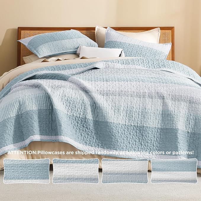 Litanika California King Quilt Set Spa Blue - Cal King Oversized Stripe Comforter Bedspreads & Coverlets - Soft Lightweight Quilted Bedding Set for All Season(1 Quilt, 2 Pillowcases)