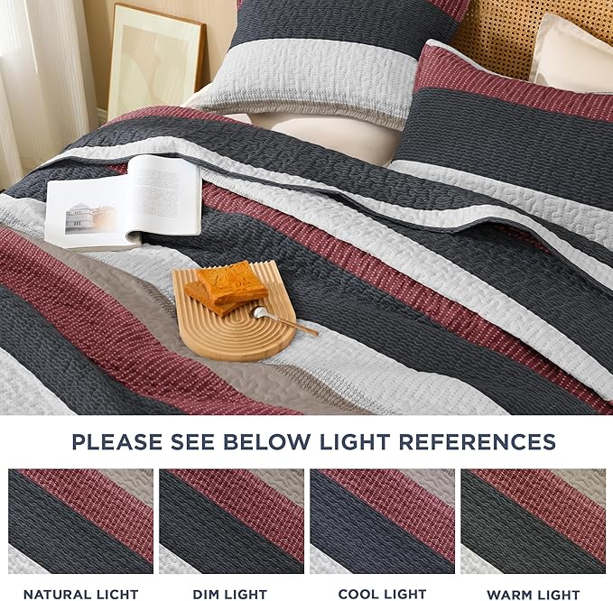 Litanika Quilt King Size Black and Red, Stripe Patchwork Summer Bedspread Coverlet 3 Pieces, Soft Lightweight Microfiber Quilted Bedding Set for All Season(1 Quilt, 2 Pillowcases)