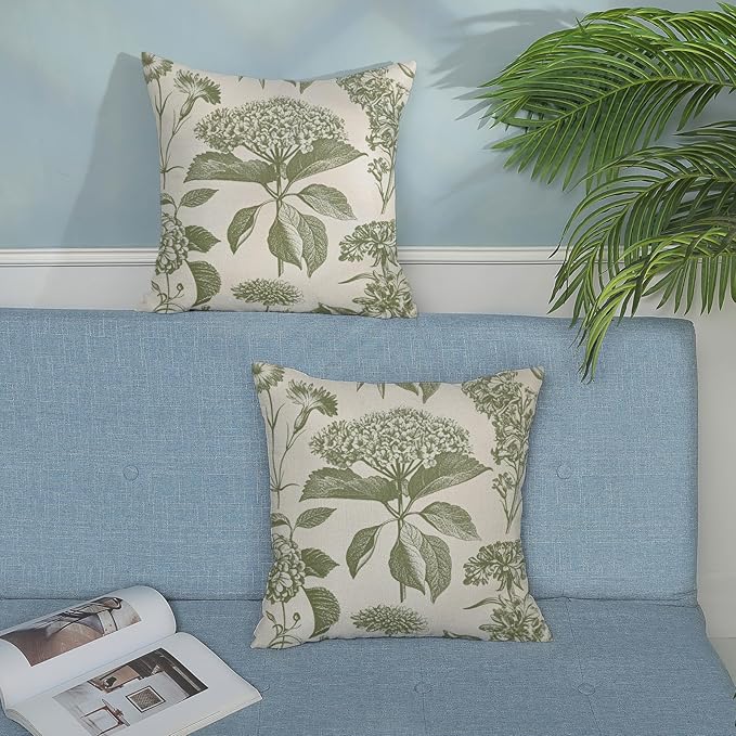 Sage Green Pillow Covers 22x22 Set of 2 Boho Floral Hydrangea Herbs Botanical Throw Pillow Cover Outdoor Decoration Pillow Cases Vintage Flower Linen Cushion Case Decorative for Couch Sofa