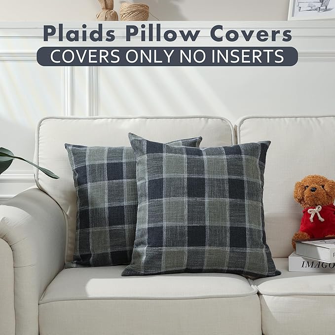 Stellhome Pack of 2 Linen Buffalo Check Throw Pillow Covers, Farmhouse Plaid Decorative Cushion Covers for Couch Sofa Living Room, 18x18 Inch, Dark Grey