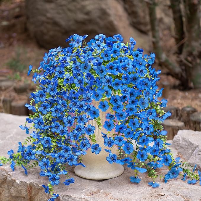 Artificial Hanging Flowers for Outdoors Faux Plants Spring Summer Decoration, 2 Pack Silk Colorful Daisy Realistic Fake Outdoor Flowers UV Resistant Porch Patio Window Yard Decor(Blue)