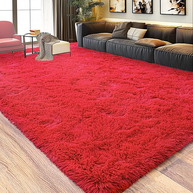 8x10 Large Area Rugs for Living Room, Ultra Fluffy Shag Rug for Bedroom, Modern Plush Soft Carpet for Girls Boys Kids Room Dorm Fuzzy Non Slip Rug for Home Decor Aesthetic, Red
