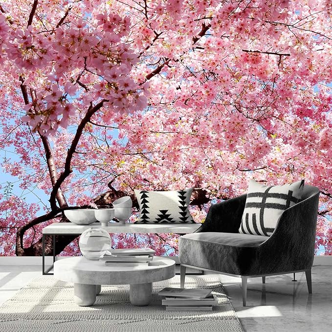AFZEVEB-Pink Flower Wallpaper Natural Landscape Floral Wall Mural for Bedroom 159"x107"(Not Peel and Stick)