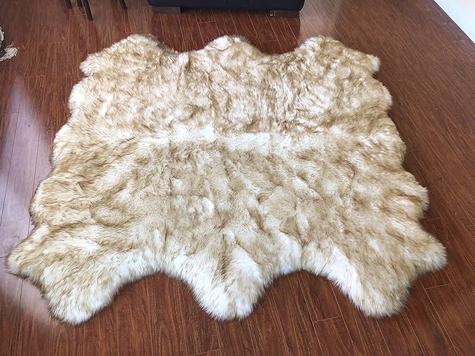 Free Shape Luxury Soft Fluffy Shag Area Rug Sexto 6 Pelts 6'x6',180x180 cm - Vegan Fur Ultra Soft Indoor Carpet Nursery Rugs for Bedroom Home Decor, White with Brown Tips
