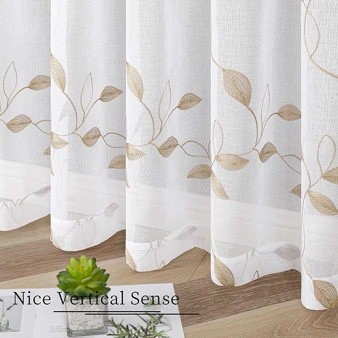 Tollpiz Taupe Leaf Sheer Tier Curtains Leaves Embroidered Kitchen Short Curtain Rod Pocket Voile Bathroom Curtains for Cafe, 30 x 24 inches Long, Set of 2 Panels