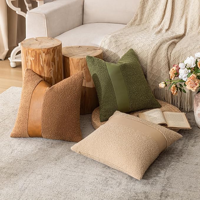 22"x22" Forest Green Boucle Pillow Covers with Faux Leather Accents Set of 2 Fluffy Textured Decorative Throw Pillow Cases for Couch Bed Boho Farmhouse Square Cushion Covers for Home Décor