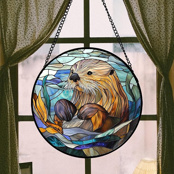 Stained Glass Suncatcher, Blue Ocean Cute Sea Otter Sun Catcher Stain Glass Window Hanging Decoration Mother's Day Birthday Gifts for Women Men Mom Nana 15 in