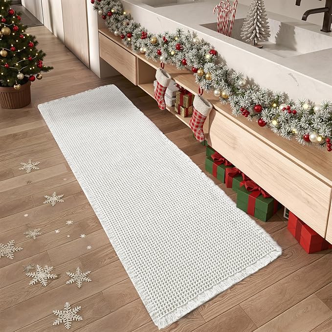 AMOAMI Upgraded Waffle Runner Rug Super Absorbent Non Slip Bath Mats for Bathroom Washable Boho Bathroom Runner Rug with Tassels, Ideal for Hallway Bedroom Laundry Room, White, 2' x 6'